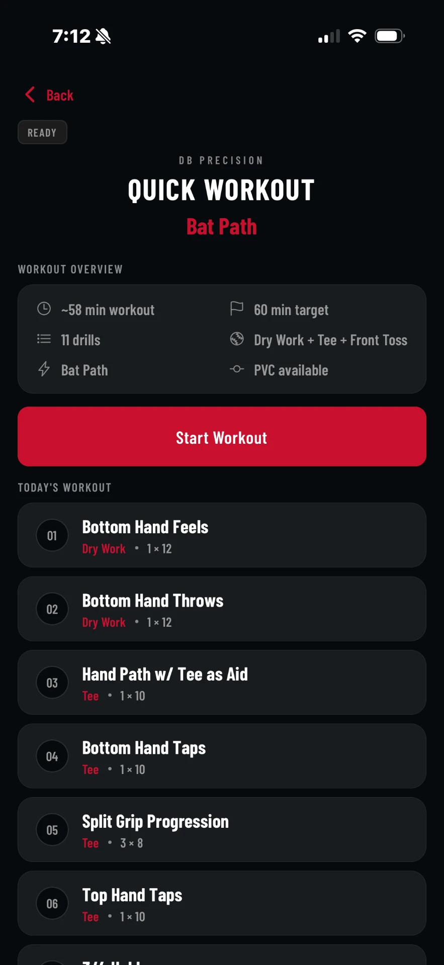Quick Workout screen in the DB Precision app