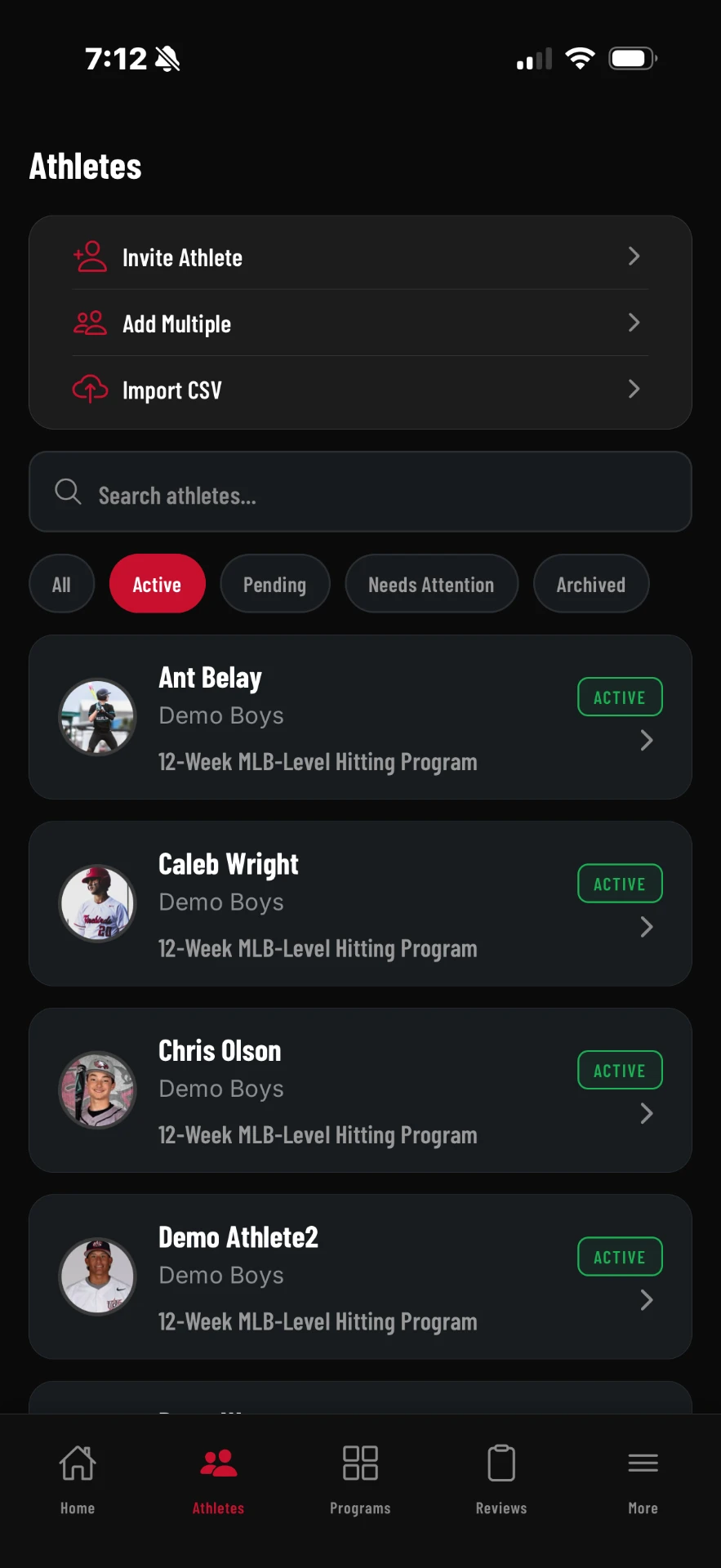 Athlete Management screen in the DB Precision coach dashboard