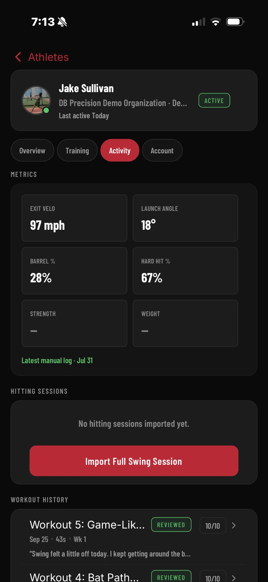 Performance & Activity screen in the DB Precision coach dashboard