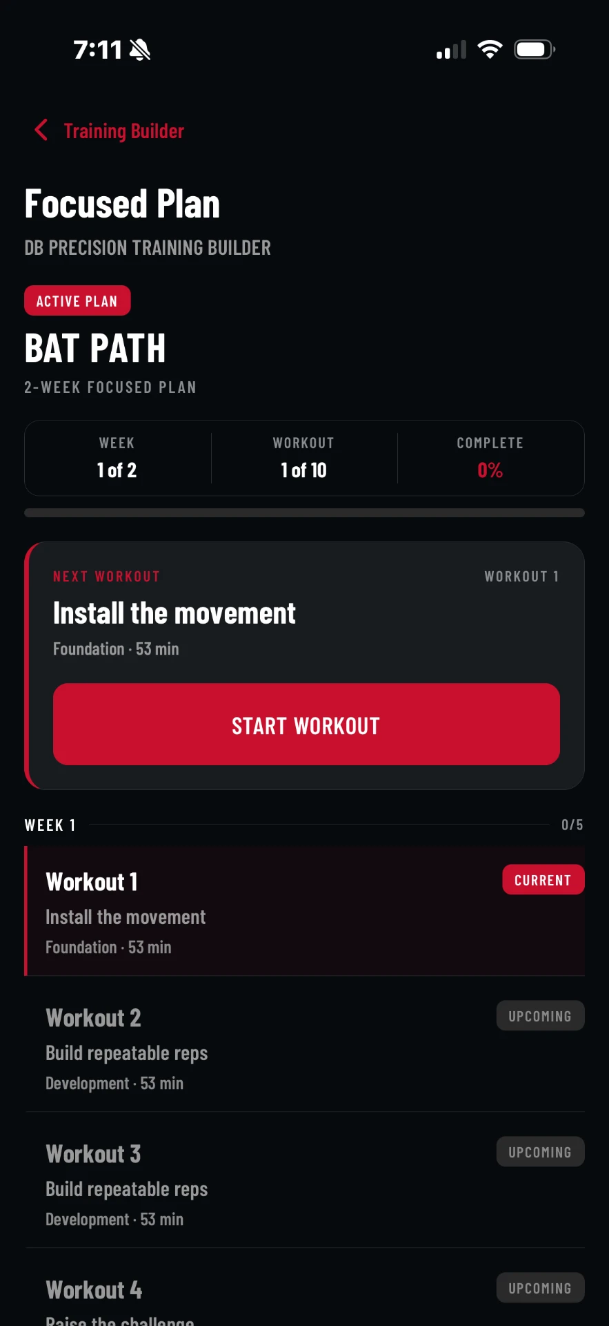 Focused Plan screen in the DB Precision app